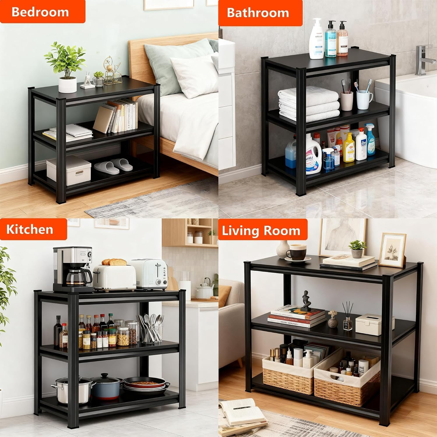 3-Tier Metal Storage Rack with Adjustable Shelves, Multi-purpose Organizer for Living Room, Kitchen, Garage, Office, Gym and More