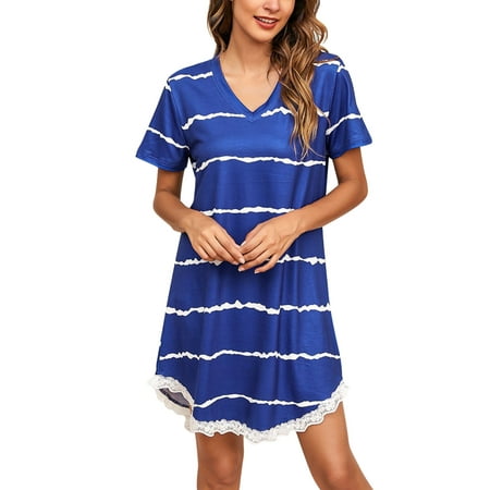

ZMHEGW Sleepwear For Women Lingerie Short Sleeve Striped Printing Sleepshirt V Neck Lace Cute Nightdress Comfy Nightgown Dress