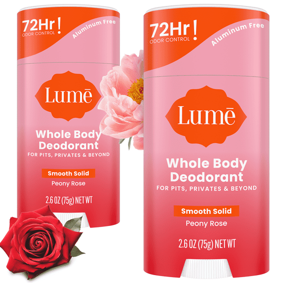 Lume Whole Body Deodorant Solid Stick - 72 Hour Odor Control - Aluminum Free, Baking Soda Free and Skin Safe - Peony Rose, 2.6oz (2 Pack)