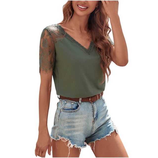 Blusas sueltas de Color sólido con escote en V y retazos de encaje a la moda de verano para mujer, mangas cortas sexis Pompotops hkajfhjk470505