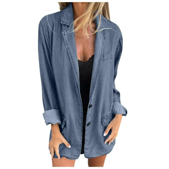 Gpaecead Denim Blazer For Women Notched Lapel Long Sleeve Button Up Casual Jean Jacket With Pockets Blue