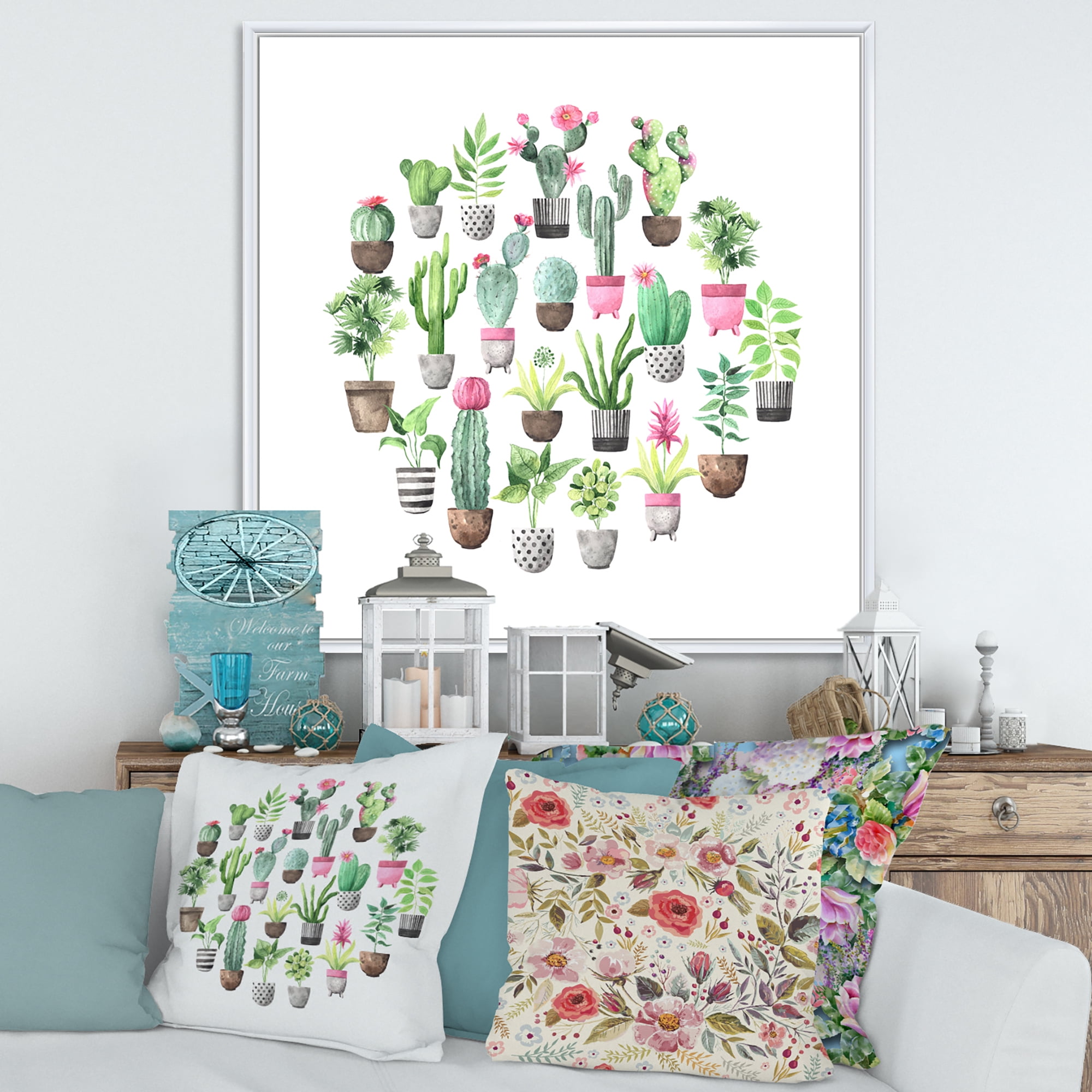Designart 'Cactus In Ceramic Pots In Gentle Tones II' Traditional Framed Canvas Wall Art Print