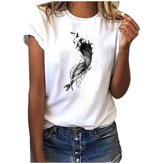 Wycnly Womens Shirts Lightweight Comfy Modal Loose Fit Fashion Tee Tops Summer Short Sleeve Crewneck Ladies Feather Print Tops and Blouses Black m