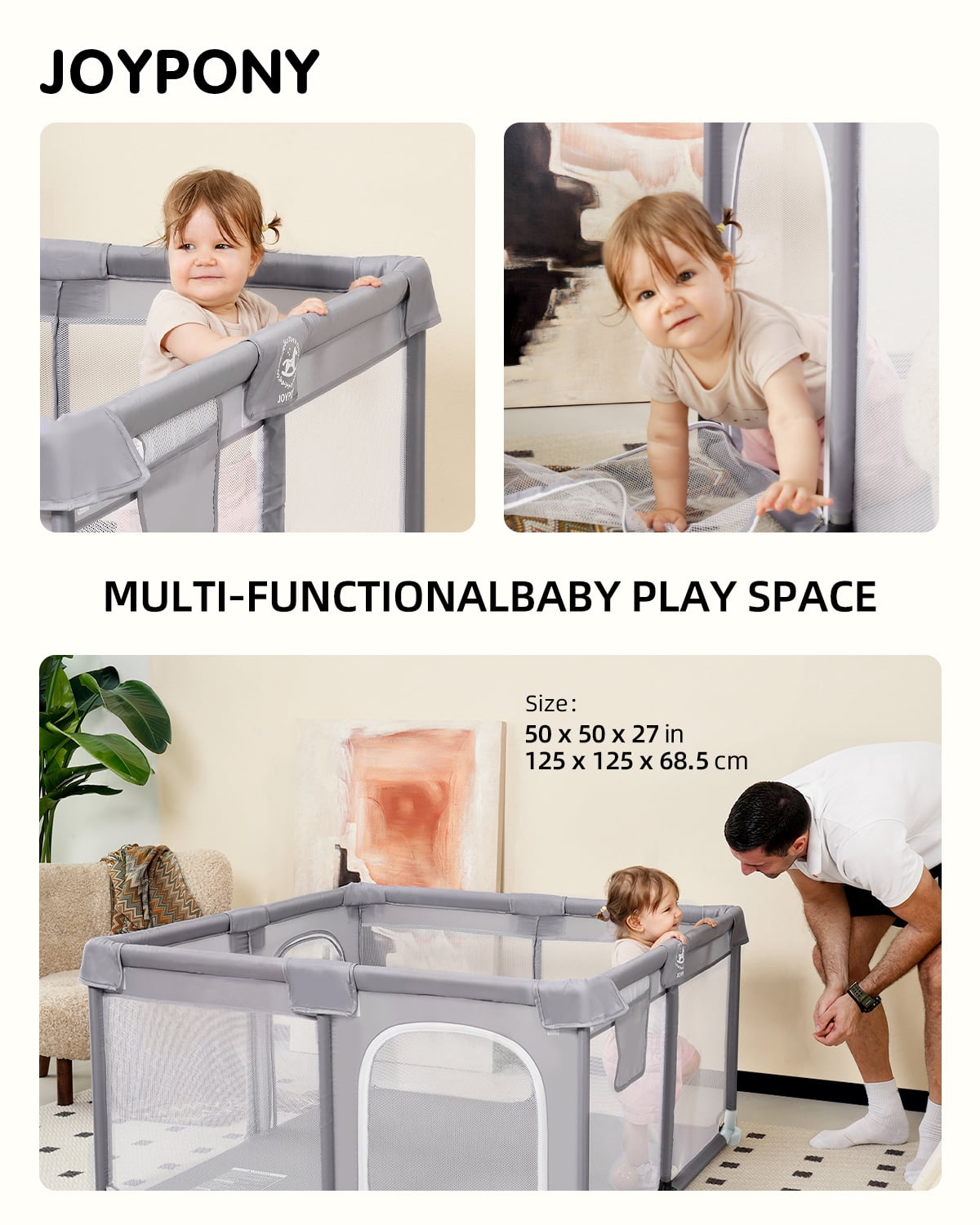 Joypony Extra-Large Baby Playpen, 50 x 50 x 27 in, Activity Play Yard for Baby, Breathable Mesh