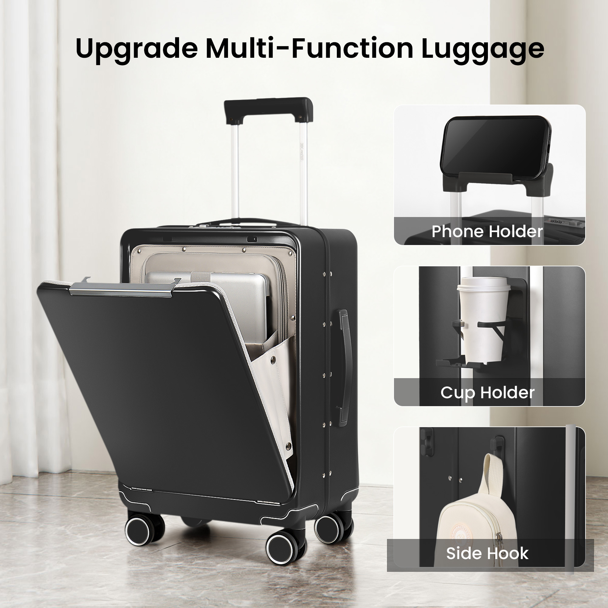 New York Xpress 20" Zipperless Carry-on Luggage, Hardside Aluminum Frame Suitcase with Spinner Wheels, TSA Approved, Black - LA266