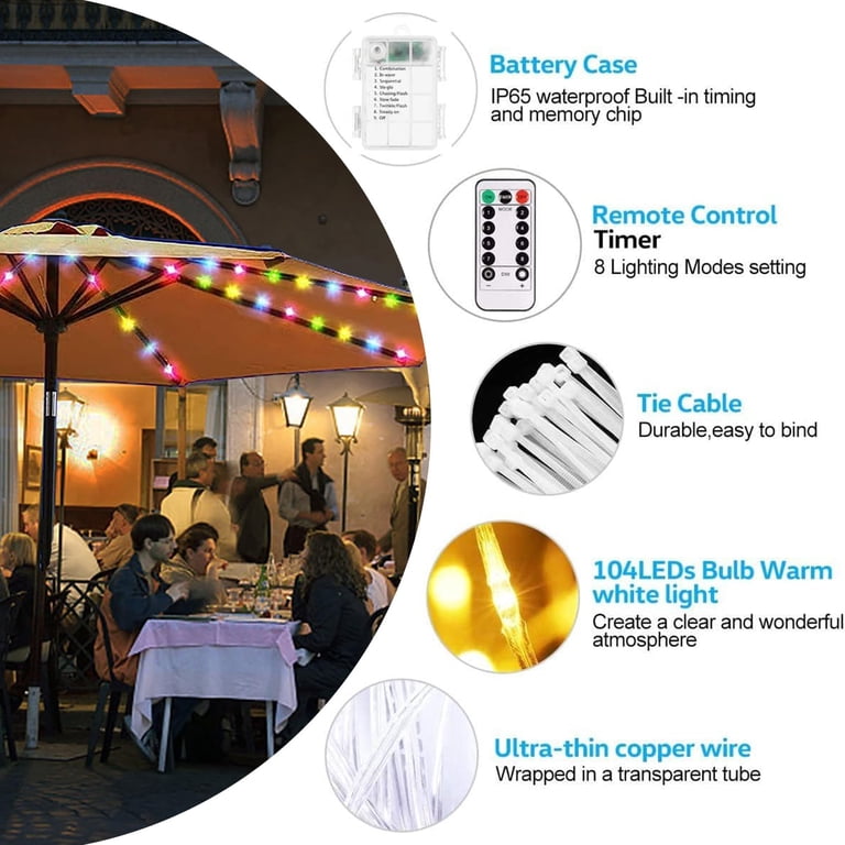 104 led copper wire patio umbrella lights with Remote These battery operated LED lights would be a great addition to your patio dcor Solar Patio Umbrella Lights, 104