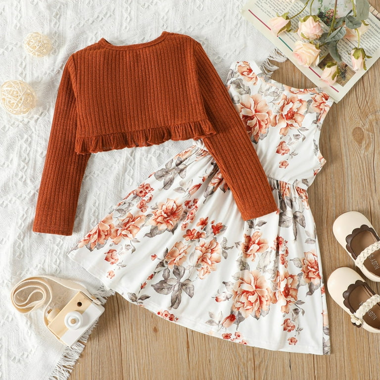PatPat Baby Girl Summer Floral Dress Set with Long Sleeve Ruffled Cardigan,  Brown, 3 Years - Walmart.com