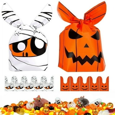 Fohil 100pcs Halloween Treat Bags Candy Bags,Kids Trick or Treat Bags Goodie Bags,Cute Rabbit Ear Bags Small Halloween Cookies Plastic Gifts Bag for Halloween Party Supplies