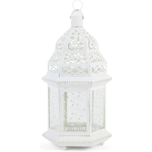Gifts & Decor Large White Moroccan Lantern Ornate Metal Glass Light