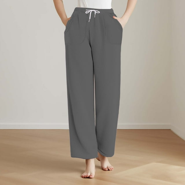 Pisexur Women Pajama Pants Soft Long Sleep Lounge Pants Drawstring Floral with Pocket Gray,L