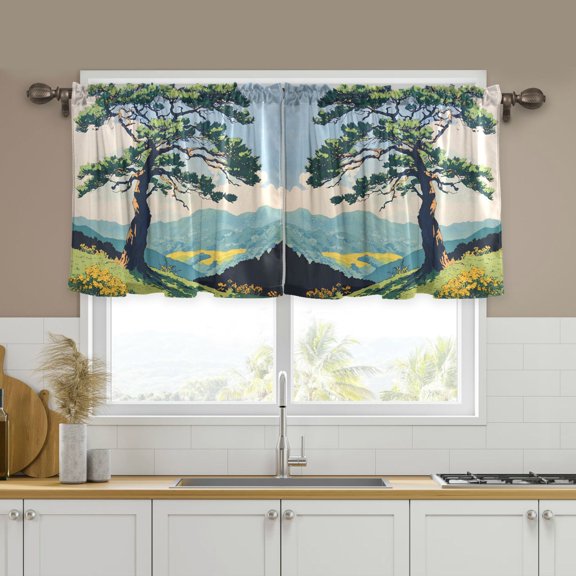 Yayeee Kitchen Curtains Tier Set of 2 Light Filtering 57"x24" Over Sink Window Panels, Mounatin at Dawn