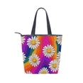 thumbnail image 2 of Zipper canvas bag large capacity large size practical handbag durable Canvas with leather material Colorful Daisy Flowers, 2 of 7