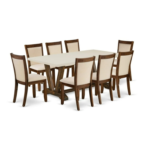East West Furniture 9-Pc Kitchen Table Set - A Dining Room Table with Linen White Top and 8 Light Beige Fabric Modern Chairs with Stylish Back (Distressed Jacobean Finish)