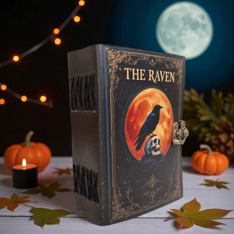 Handmade Leather Journal – “The Raven” Gothic Vintage Notebook, 200 Deckle-Edge Pages, Halloween Theme Diary