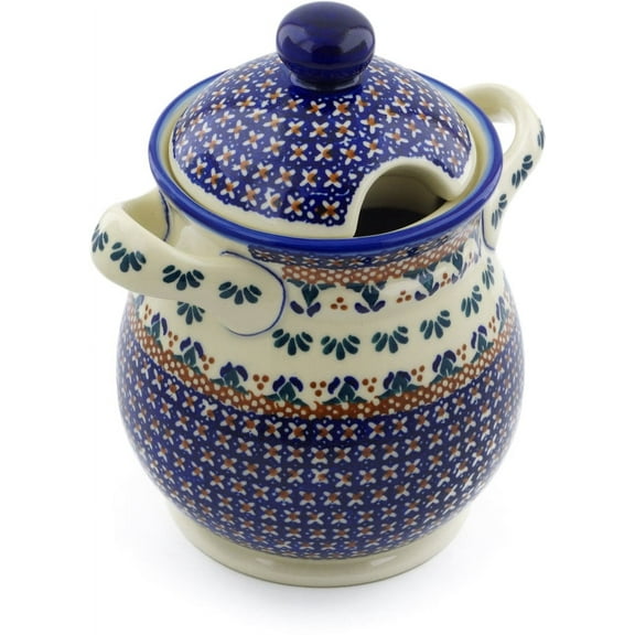 Polish Pottery 8-inch Jar with Lid and Handles (Blue Cress Theme) Signature UNIKAT Hand Painted in Boleslawiec, Poland Certificate of Authenticity