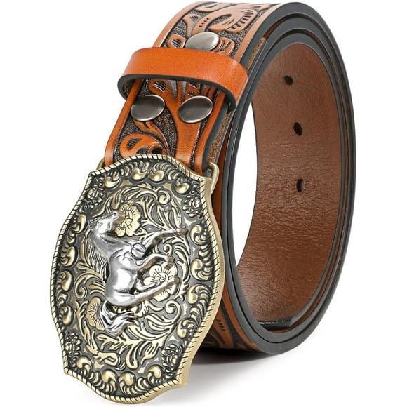 TEMOGU-Beltroad Western Leather Buckle Belt for Men Women Cowboy Cowgirl Leather Mens Belts for Jeans Men's Christmas Belts Gifts