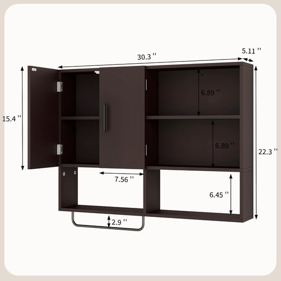 Medicine Cabinet, Wooden Bathroom Wall Cabinet with 2 Doors, Adjustable Shelves & Towel Bar, Over Toilet Storage Cabinet Wall Mounted for Kitchen & Laundry, Espresso