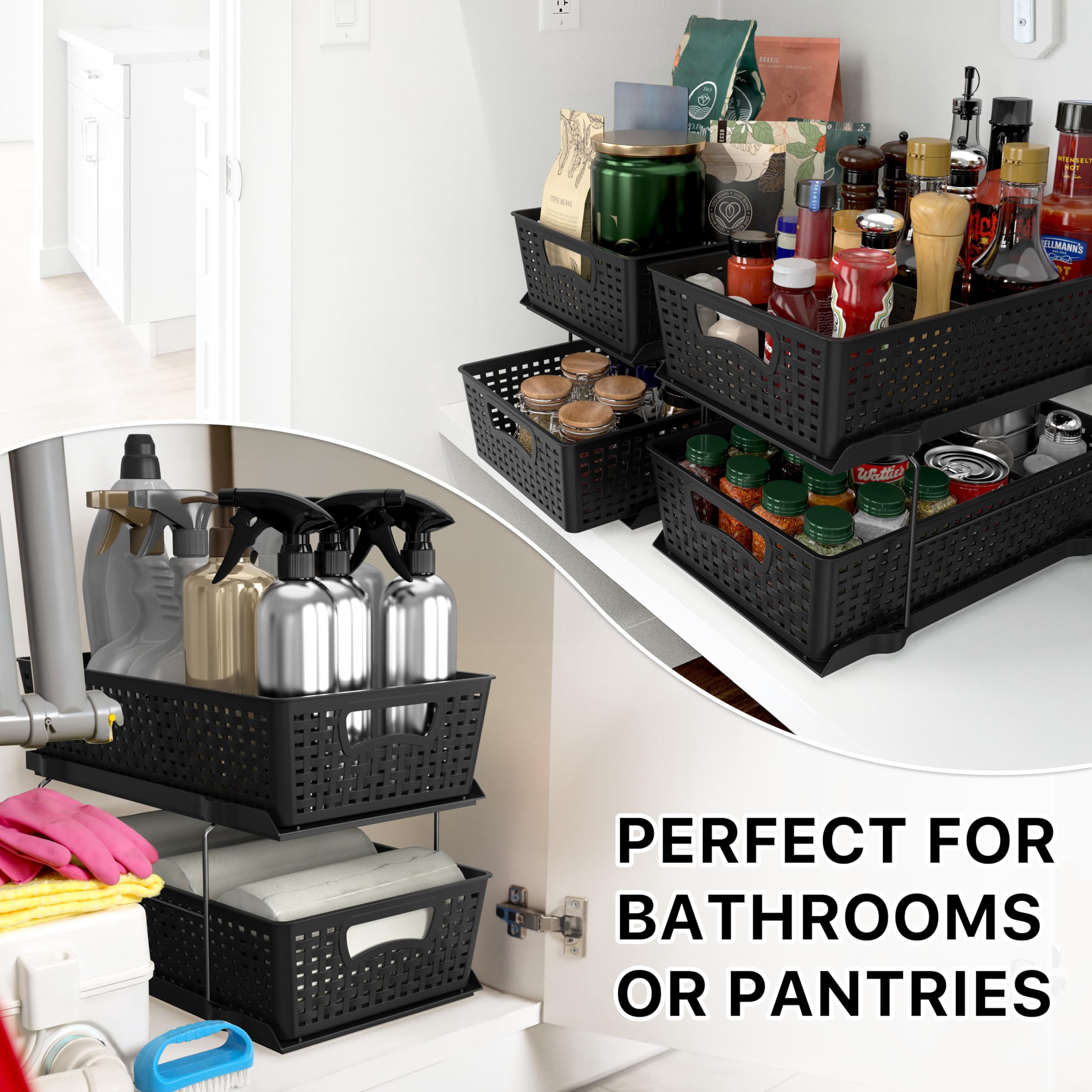 2 Tier Bathroom Organizer Tray Pull-out Sliding Drawer  Under Sink Storage Black
