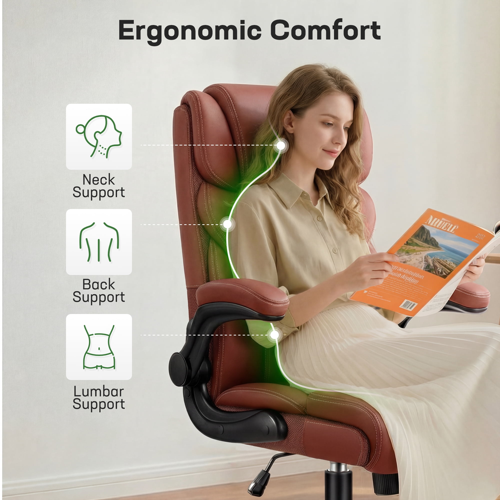 ATHOPE Leather Office Chair, Big and Tall Office Chair with Lumbar Support, High Back Executive Desk Chairs with Flip-up Armrest, Breathable PU Ergonomic Computer Chair, 360°Swivel Free, Brown