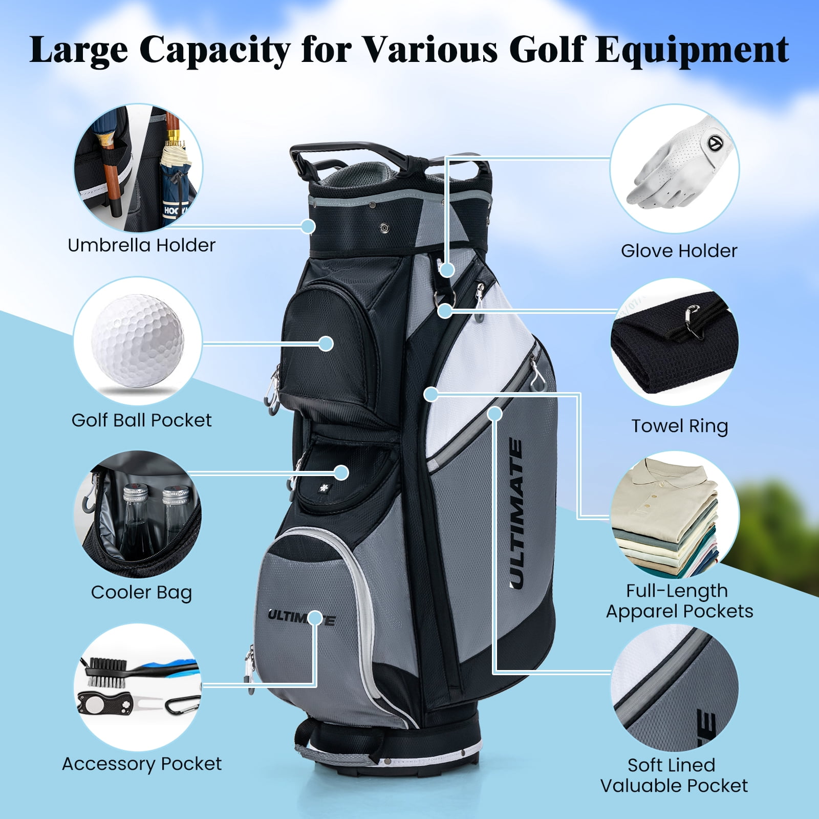 Topbuy Golf Cart Bag 14 Dividers Top Clubs Organizer with 7 Pockets Including Cooler Bag Rain Hood/Dust Cover