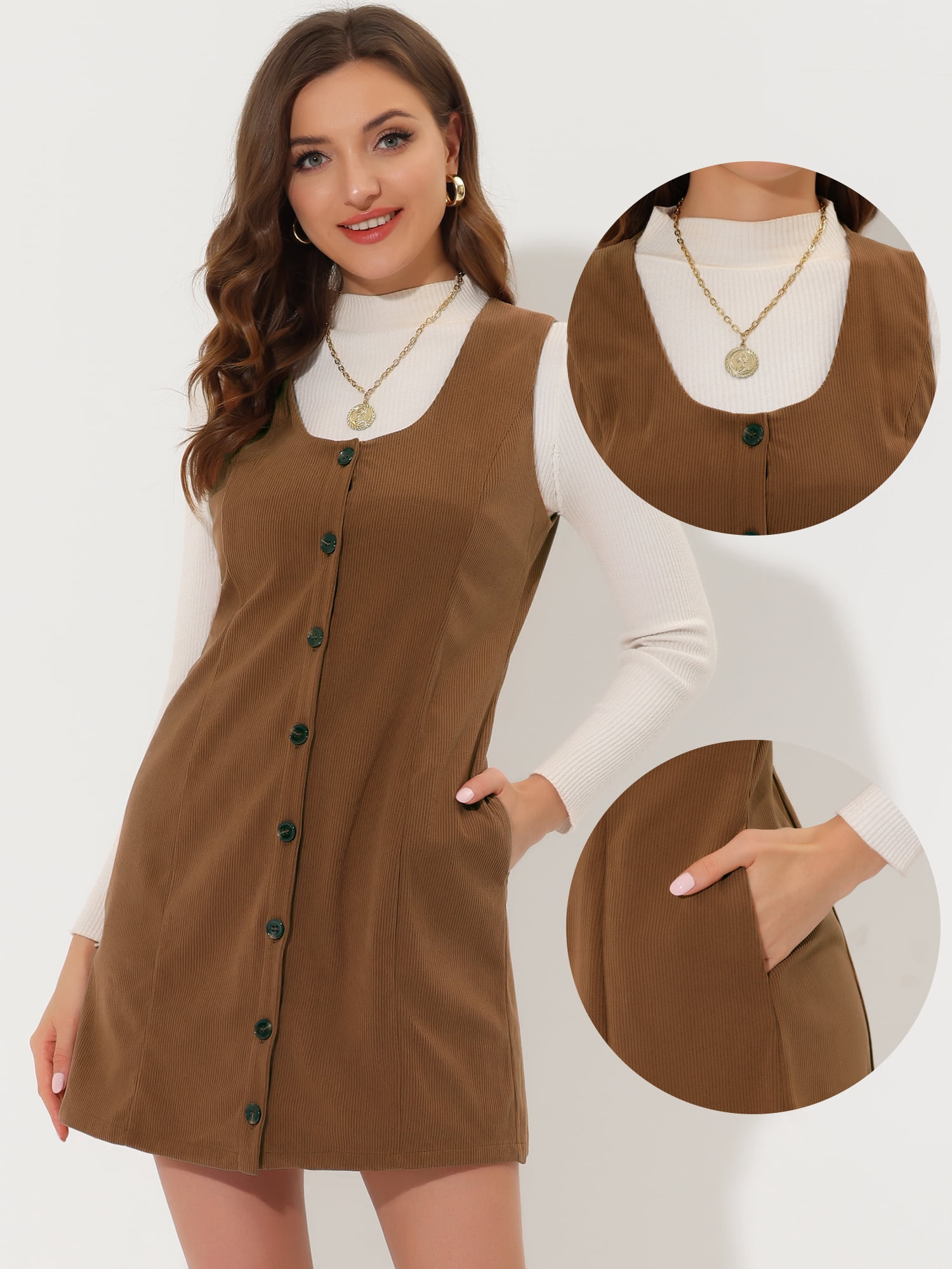 DARING DIVA Women's Corduroy Button Down Pinafore Overall Dress XS Brown