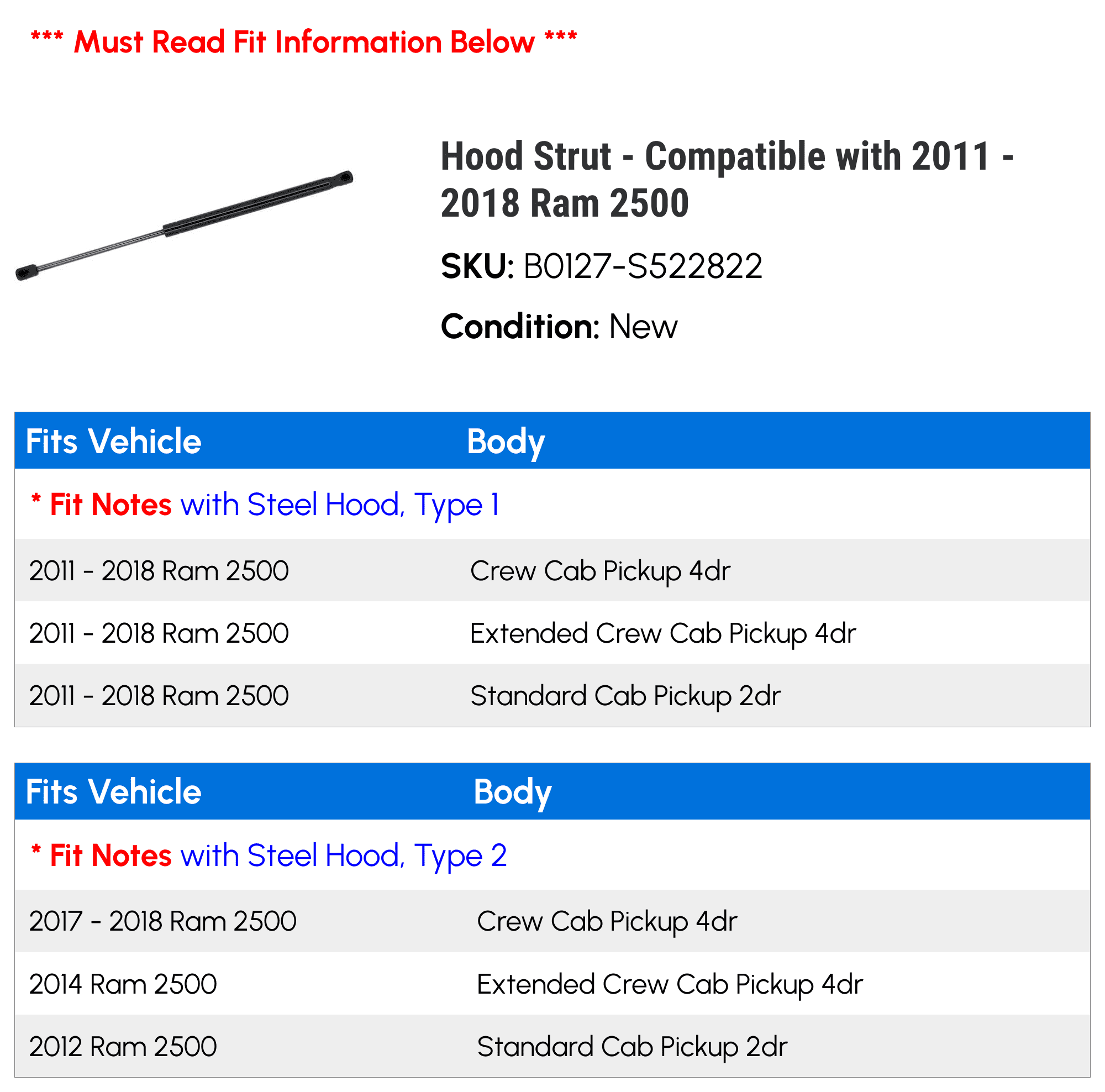 Hood Strut - Compatible with 2011 - 2018 Ram 2500 2012 2013 2014 2015 2016 2017