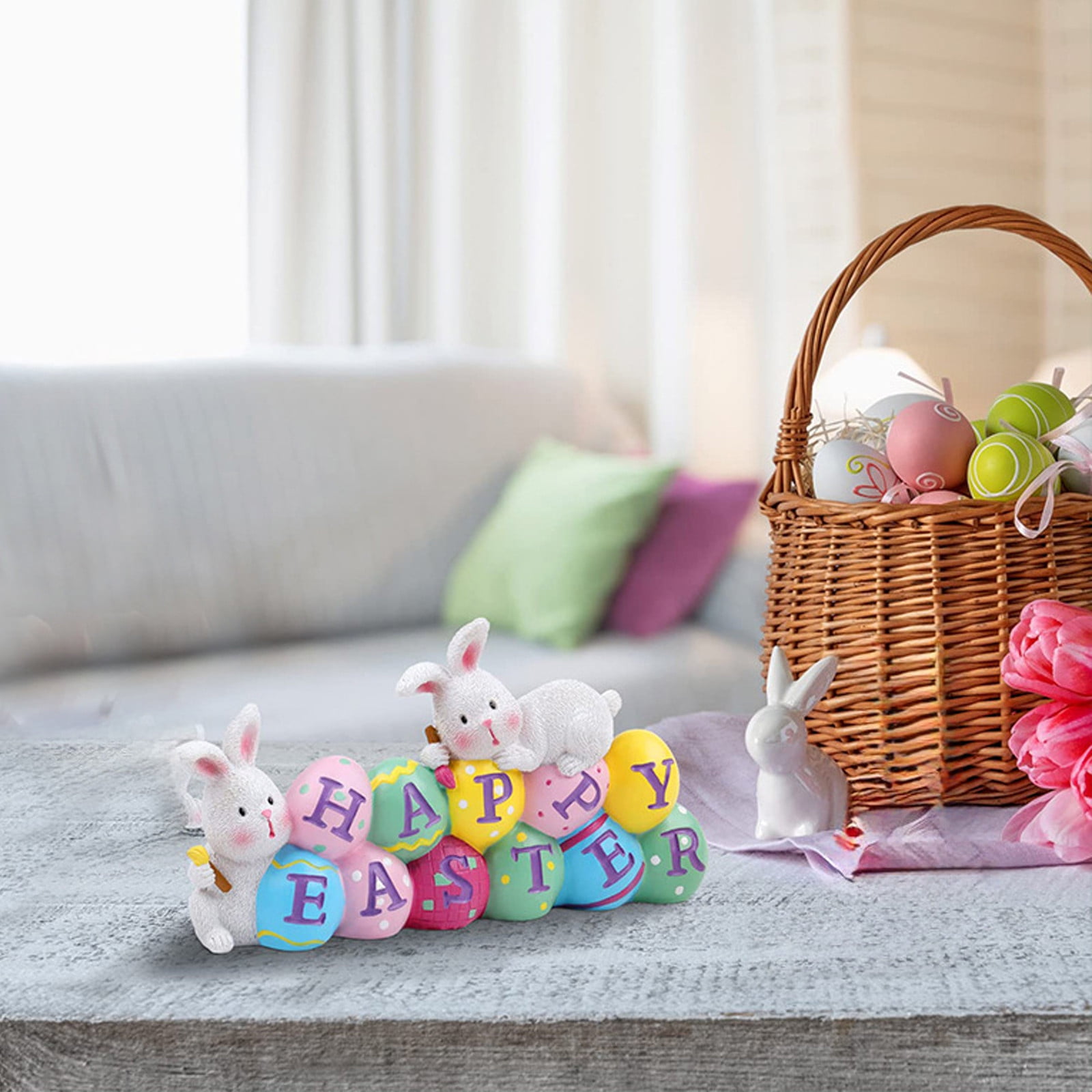 Hand Painted Easter Bunny Statue - Resin Table Centerpiece with Eggs & Flowers, Colorful Easter Home Decor for Spring Party or Holiday Gift
