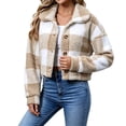 thumbnail image 3 of Dzrciro Fleece Jacket for Women, Plaid Long Sleeve Lapel Button Front Cropped Sherpa Coat, Winter Warm Outerwear S‑2XL, 3 of 8