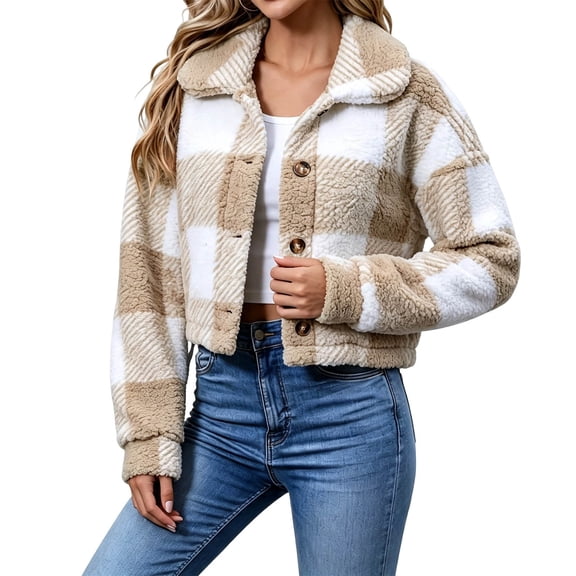 Floleo Women's Plaid Cropped Fleece Jacket Turndown Collar Button Front Fluffy Sherpa Coat Casual Winter Warm Outerwear Top