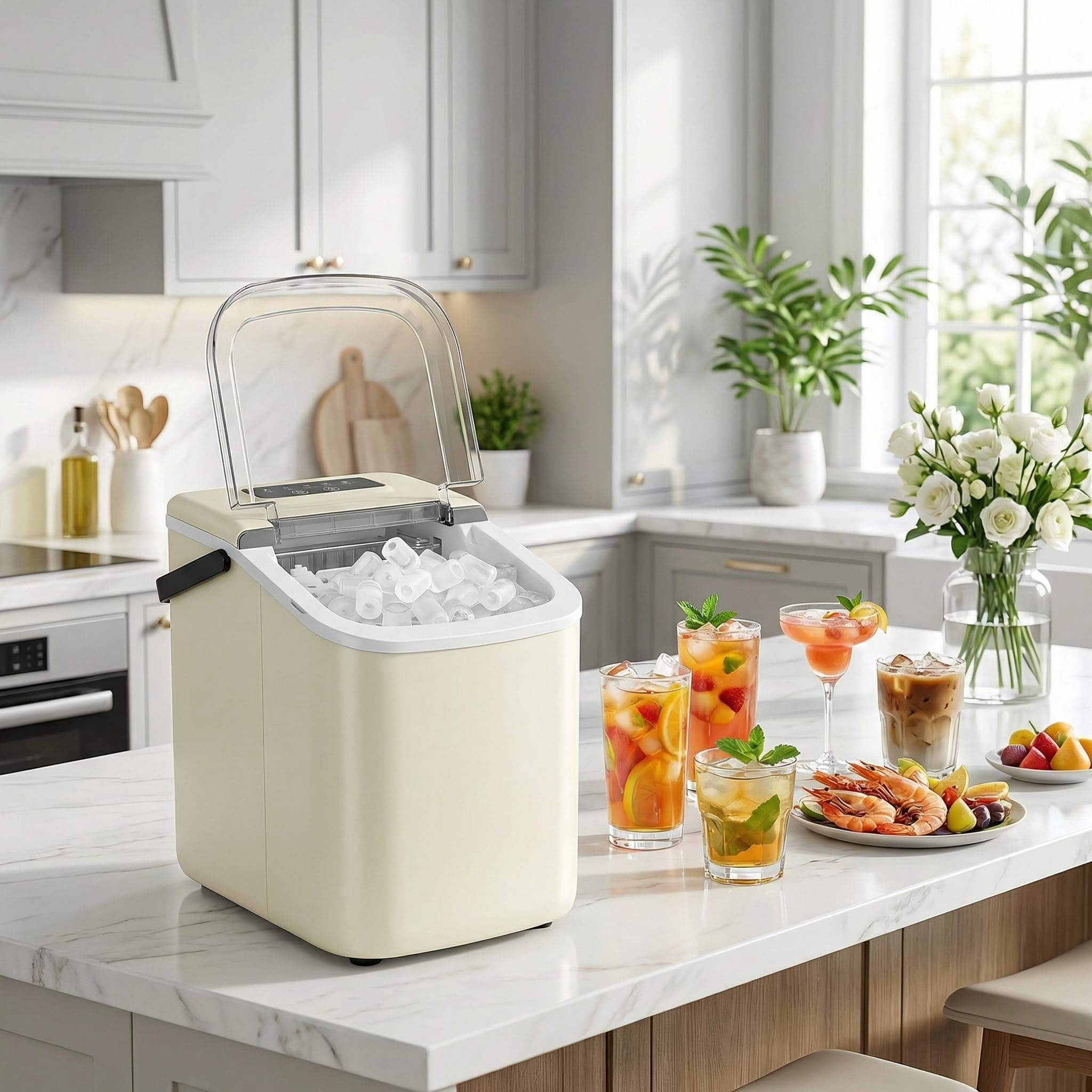 Countertop Ice Maker with Handle, Small Portable Self-Cleaning Ice Machine with Basket and Scoop， 26lbs/24H, 9 Ice Cubes in 6 Mins, for Home, Kitchen, Parties, Camping