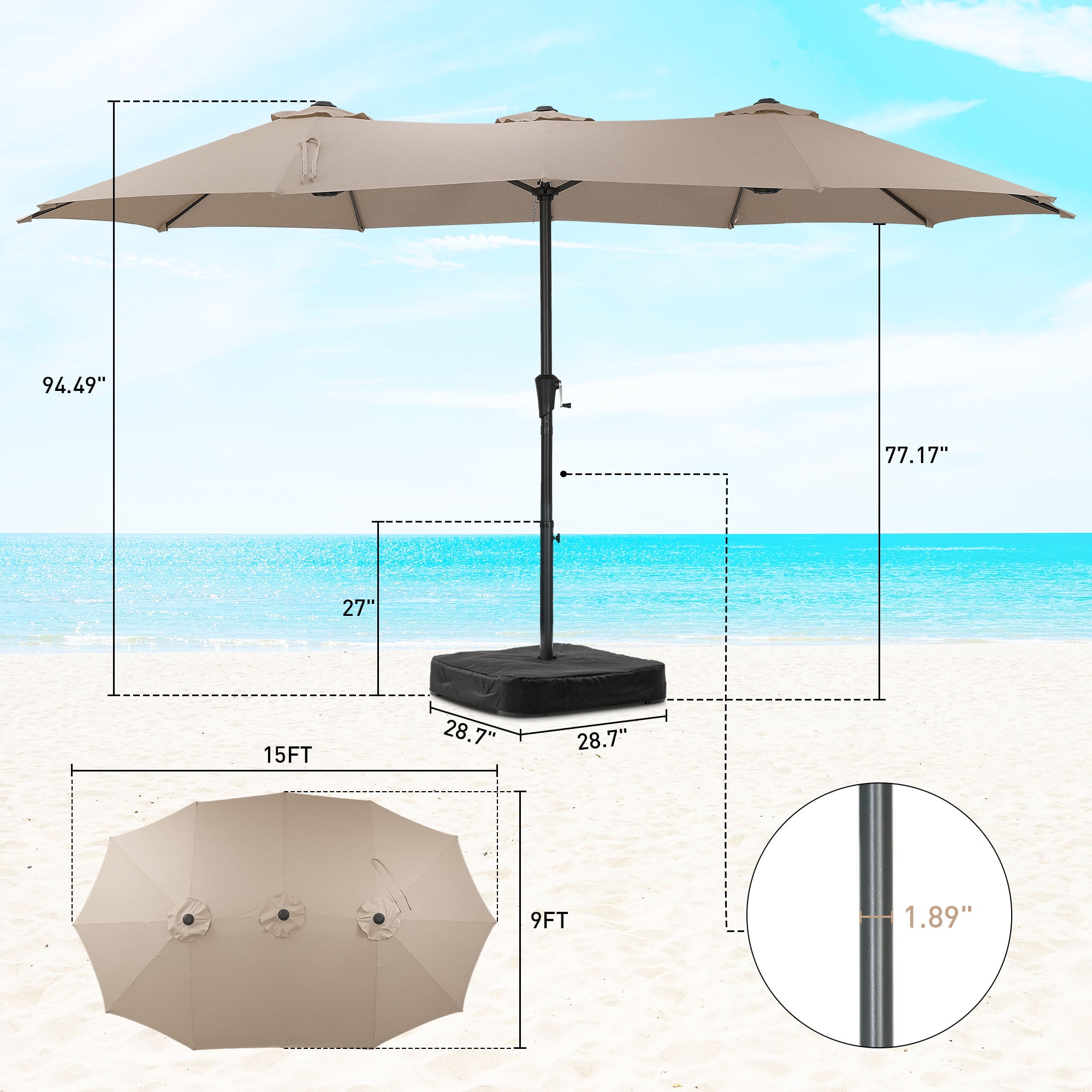 Autlaycil 15' Pool Patio Umbrella and Umbrella Base,Extra Large Umbrella with Crank, for Outdoor, Market, Beach, Garden, Yard, Party, Khaki