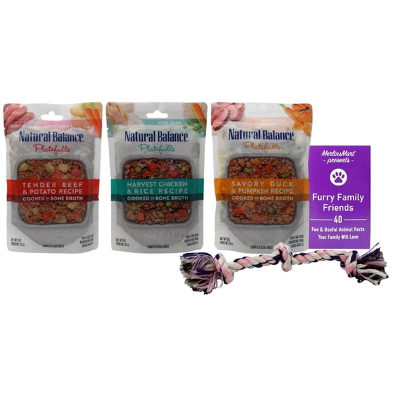 Platefulls Wet Dog Food 3 Flavor (1) Each: Tender Beef Potato, Harvest Chicken Rice, Savory Duck Pumpkin (9 Ounces) MerlinsMart Zine & Rope Toy | Natural Balance