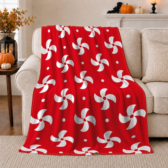 Red Peppermint Swirl Candy Flannel Blanket with white pinwheel pattern, dots, bold holiday living room sofa accent Home Decor, cheerful Gift for Christmas decor fans