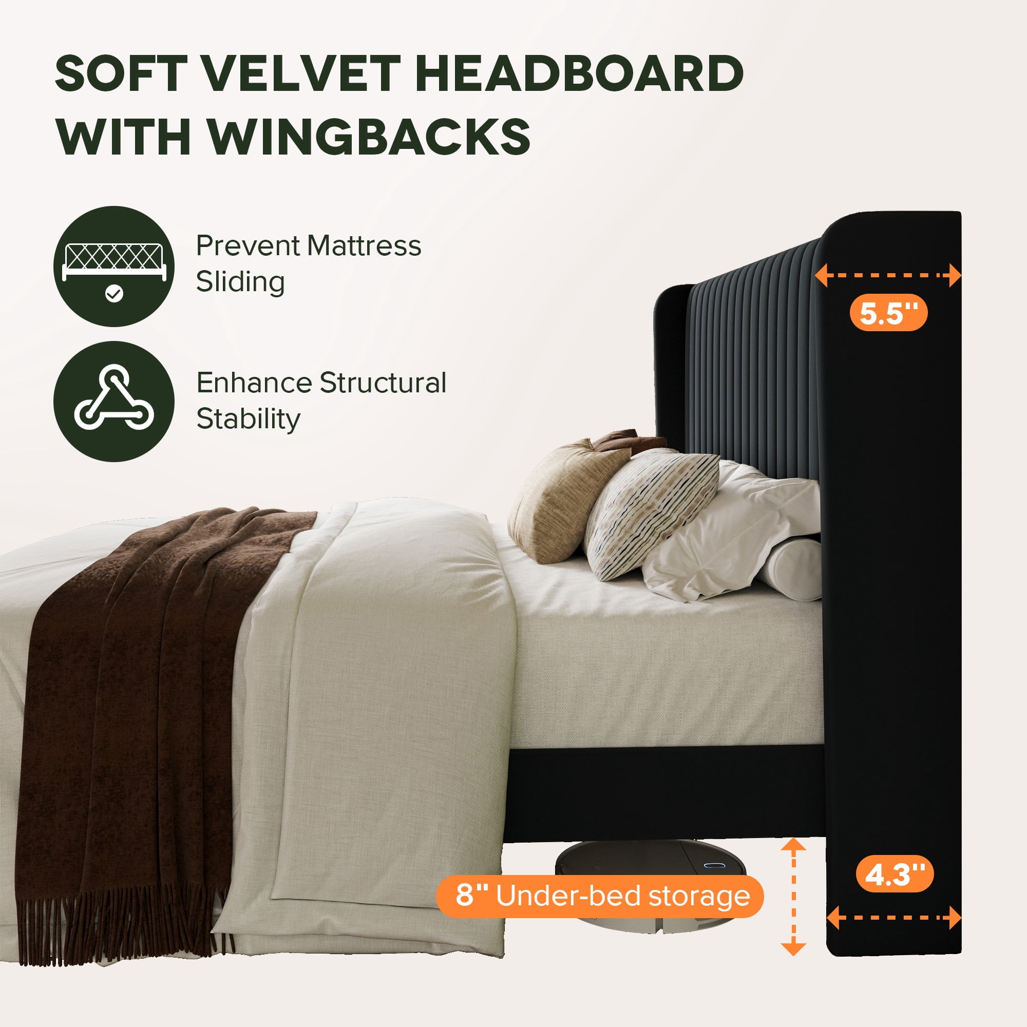 Einfach Queen Bed Frame, Upholstered Platform Bed with Wingback Headboard, No Box Spring Required, Black