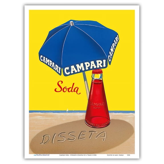 Campari Soda - Hydrates (Disseta) - Blue Beach Umbrella - Vintage Advertising Poster by A. Traub c.1930s - Master Art Print (Unframed) 9in x 12in