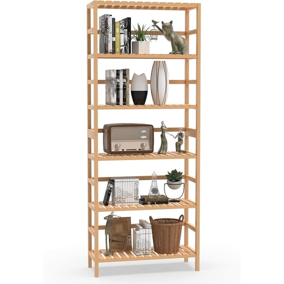 6-Tier Bamboo Shelf,Bamboo Storage Shelving Unit,Tall Bookcase with Adjustable Shelves,Multipurpose Storage Display Shelf for Bathroom, Living