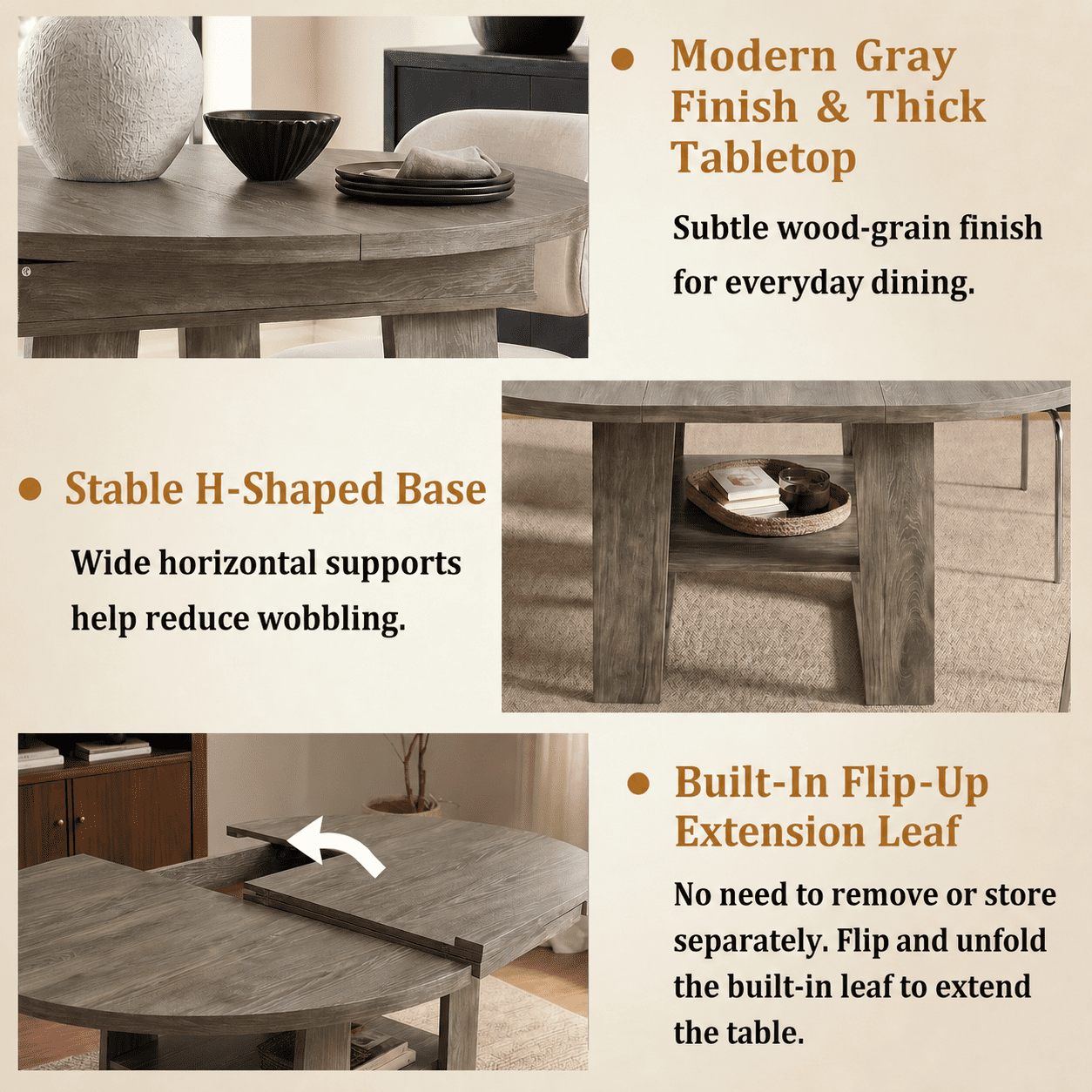 Leumius Extendable Dining Table for 4-6,Round-to-Oval Kitchen Table with Built-In Flip-Up Extension Leaf,Wooden Kitchen Table with Stable H-Shaped Base and Storage Shelf,Gray