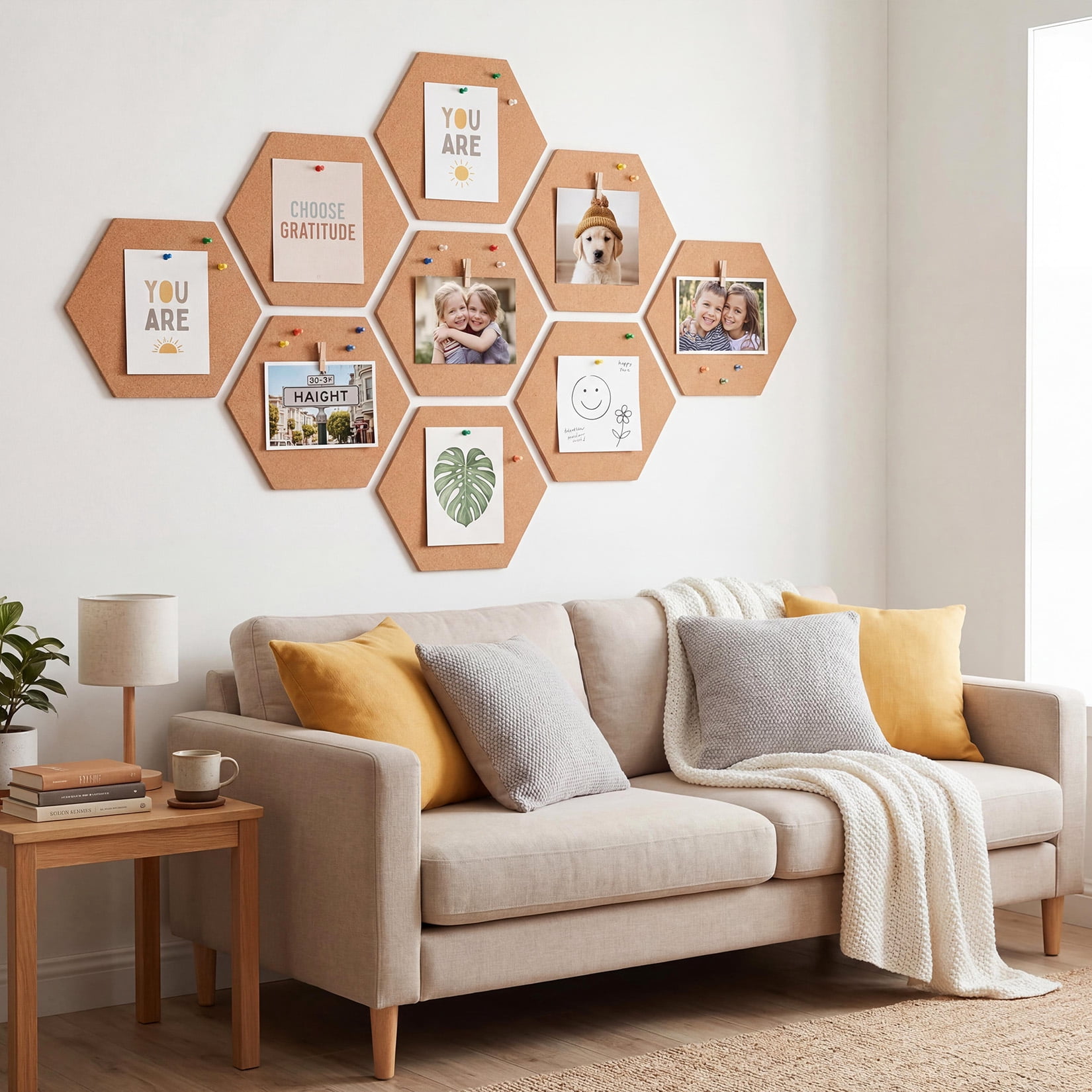 LERENSHA 8 Pack Cork Board Tiles 12 x 12 x 0.5 Inch, Self Adhesive Cork Boards Hexagon, Bulletin Board Wall Tiles with Push Pins for Office, Home, DIY Wall Decor