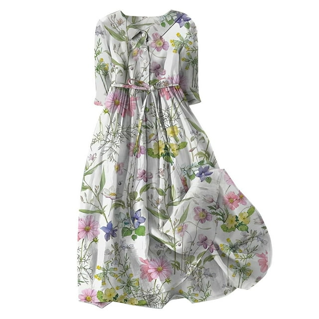 Pisexur Robe d'Automne pour Femme 2024 Mode Robe de Retour à la Maison à Imprimé Floral Manches Courtes Col Rabattu Robe Maxi Décontractée Fluide Tunique à Col en V Boutonnée avec Cordon Robe de Vacances Robe Grande Taille P-4TG