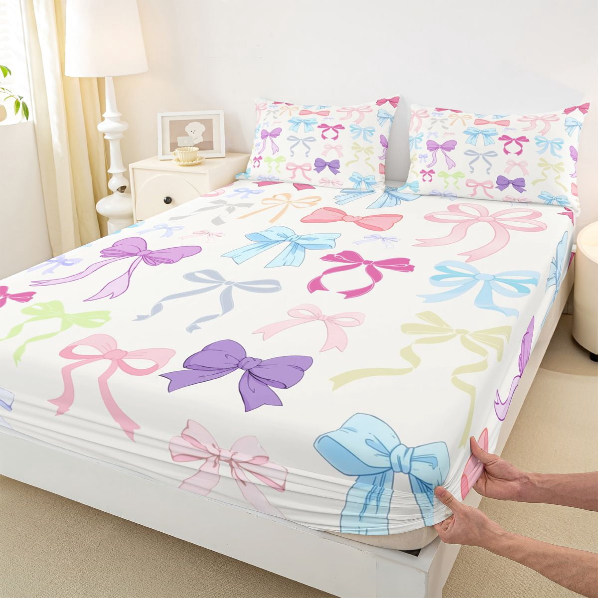 Homewish Colorful Bow Knot Queen Sheet Sets,Princess Cartoon Bowtie Flat Sheet,Multicolor Bowknot Queen Fitted Sheet For Kids,Luxury Bedroom Decor,4pcs