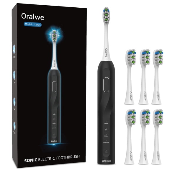 T2405 Sonic Electric Toothbrush with 6 Brush Heads, 4 Brushing Modes, Smart Timer & IPX7 Waterproof, for Adults and Kids, Black