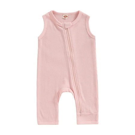 

Baby Girls Boys Summer Casual Jumpsuit Solid Color Sleeveless O Neck Oblique Zipper Romper，0-24 Months