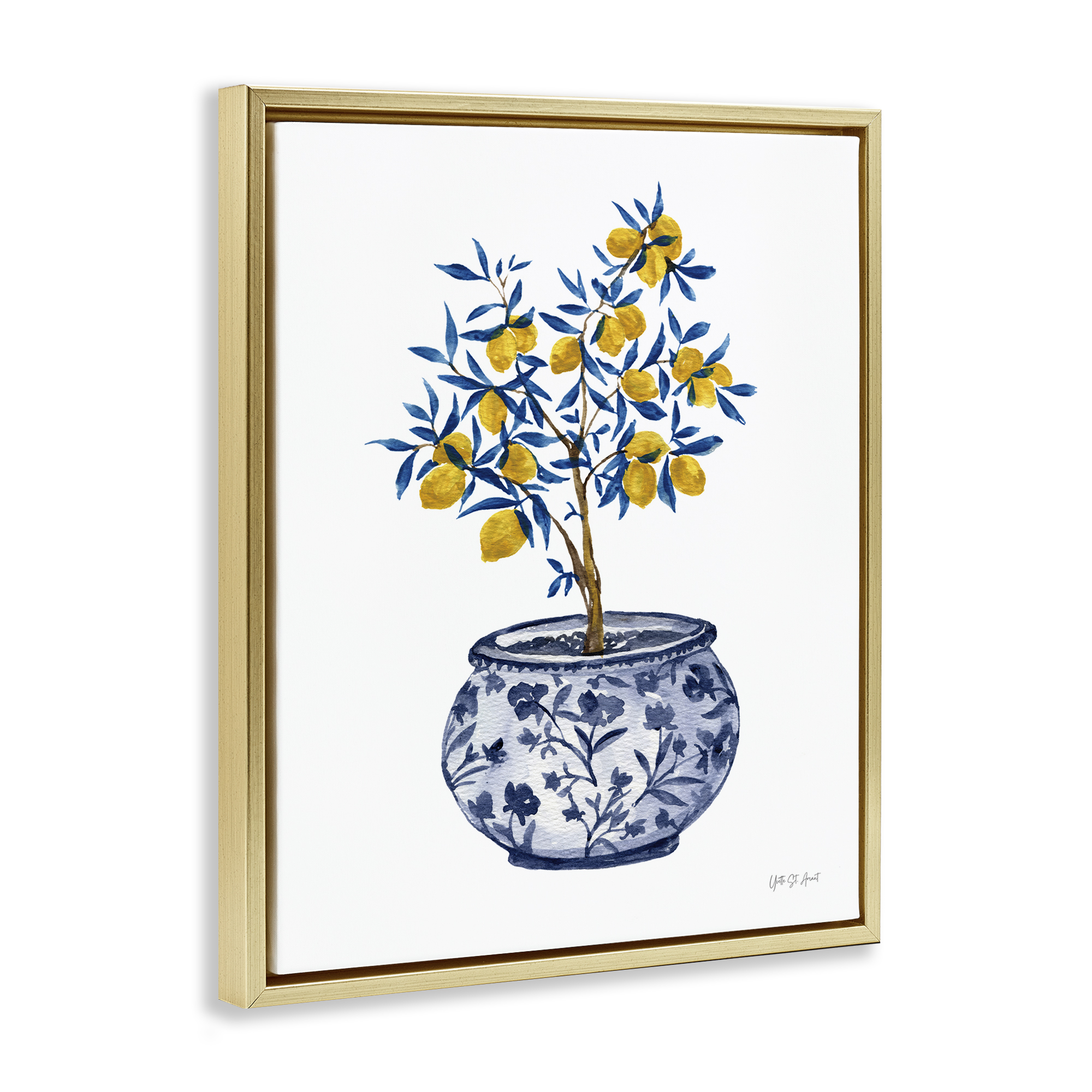 Stupell Industries Lemon Tree in Chinoiserie Food & Beverage Painting Gold Floater Framed Canvas Art Print Wall Art, 25 x 31