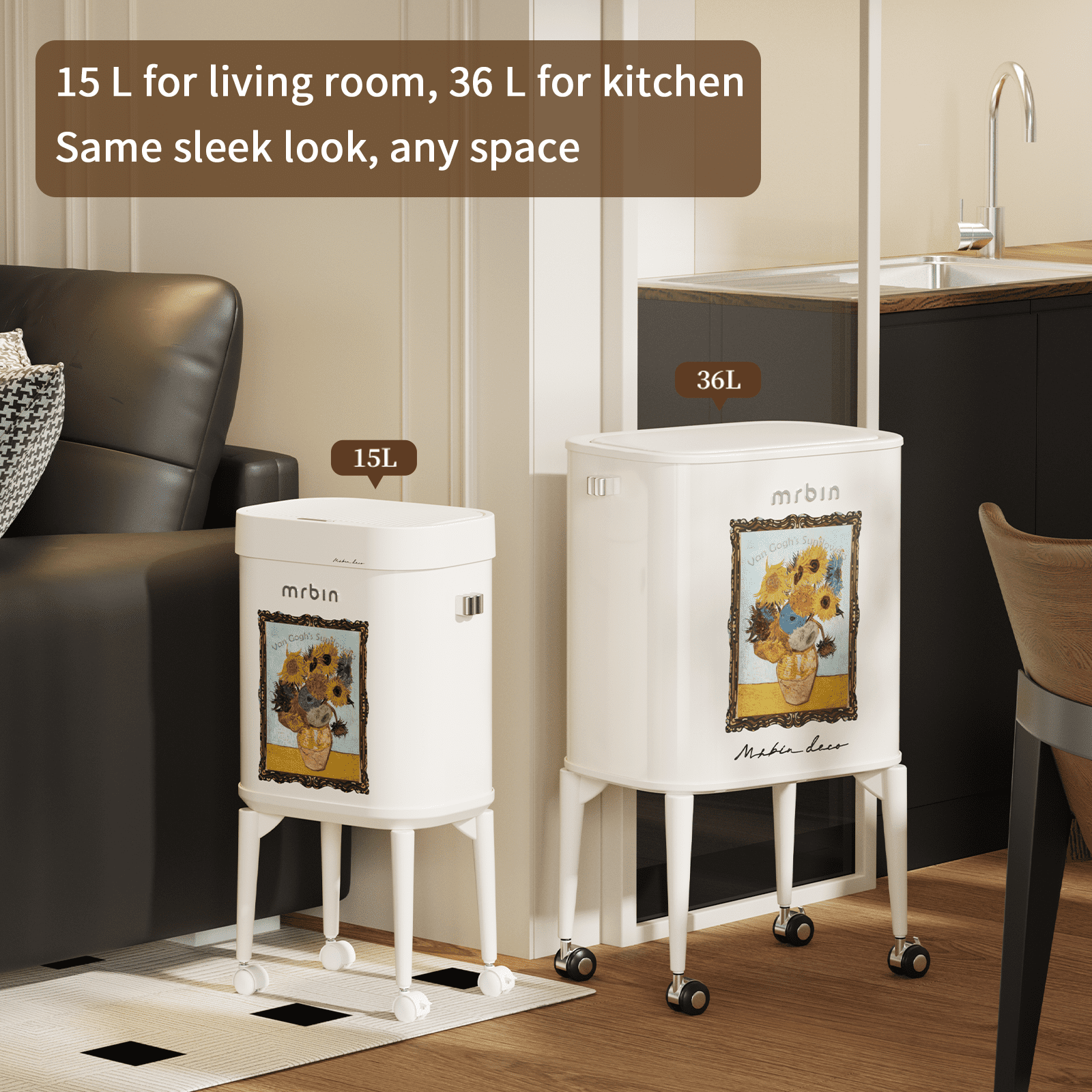 Mrbin Metal Motion Sensor Kitchen Trash Can with Wheel Legs, 15L / 4gal Metal Slim Trash Can, Pet Proof Tall Narrow Garbage Pail for Vanity, Bedroom, Bathroom, Living Room, Sunflower