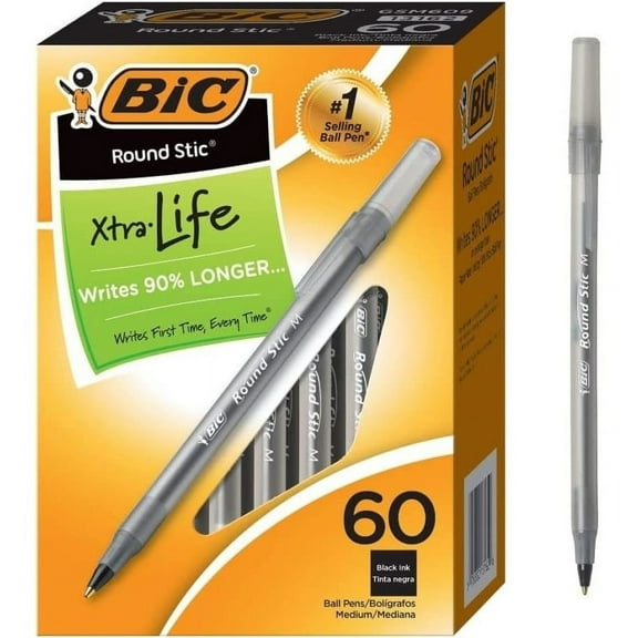 BIC round Stic Xtra Life Ballpoint Pens, Medium Point (1.0Mm), Black, 60-Count P