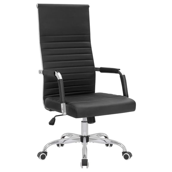 Ribbed Office Chair High Back PU Leather Desk Chair Adjustable Swivel Task Chair Computer Chair with Armrest for Conference Study Leisure (Black)