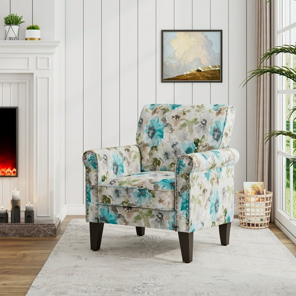 Homesvale Jean Rolled Arm Living Room Chair with Nailheads, Pastel Blue & Gray Floral Polyester