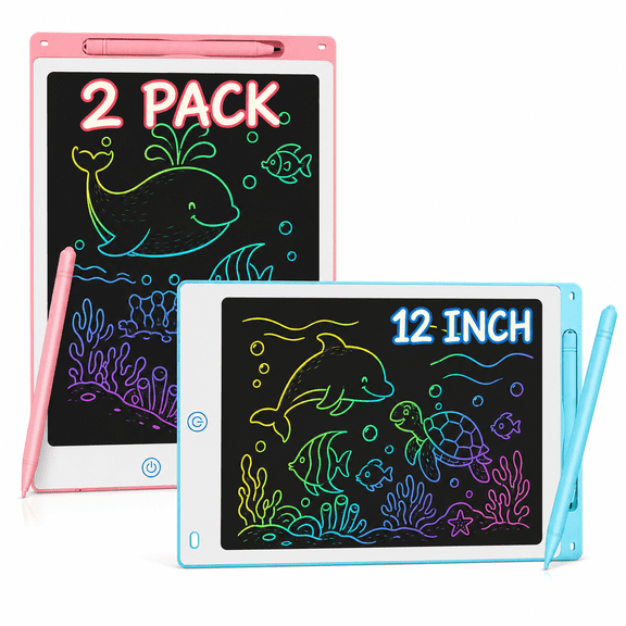 Fixdono LCD Writing Tablet for Kids, 2-Pack 12-Inch Colorful Doodle Boards, Reusable Erasable Drawing Pads for Ages 2-10, Blue and Pink