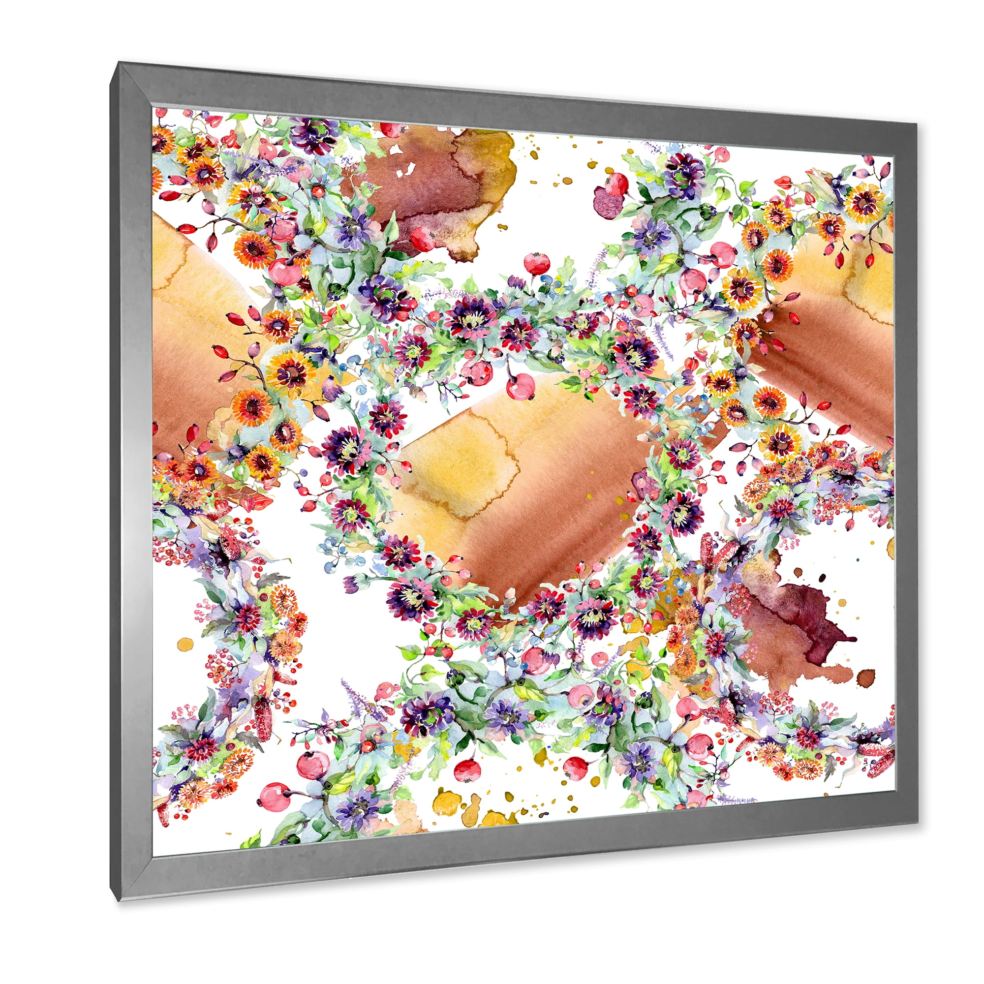 Vibrant Wild Spring Leaves, Berries and Wildflowers 16 in x 16 in Framed Painting Canvas Art Print, by Designart