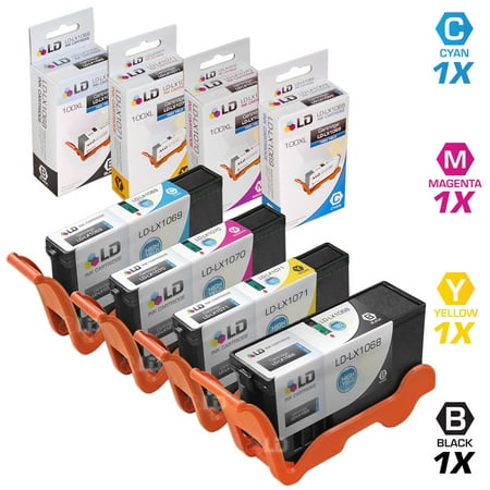 LD © Compatible Lexmark 100XL / 100 Set of 4 High Yield Ink Cartridges: 1 Black 14N1068, Cyan 14N1069, Magenta 14N1070, and Yellow